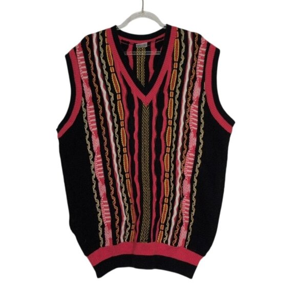 Vintage 3D Knit Sweater Vest Mens Size XL Black Red V Neck Sleeveless Pullover - Picture 1 of 6